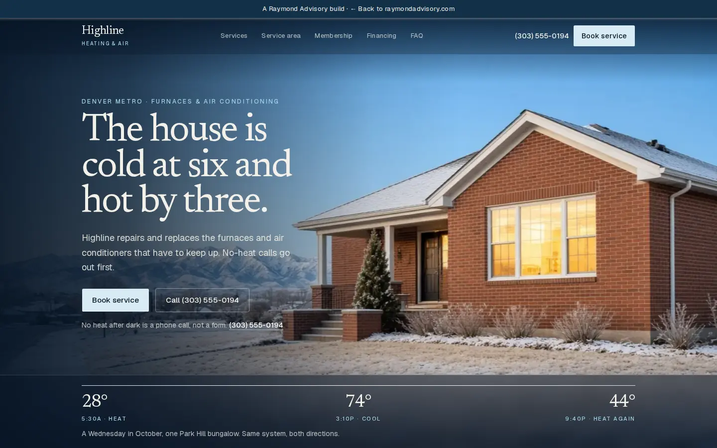 Sample HVAC website with a snowy brick house and a headline inviting a homeowner to book furnace or air-conditioning service.