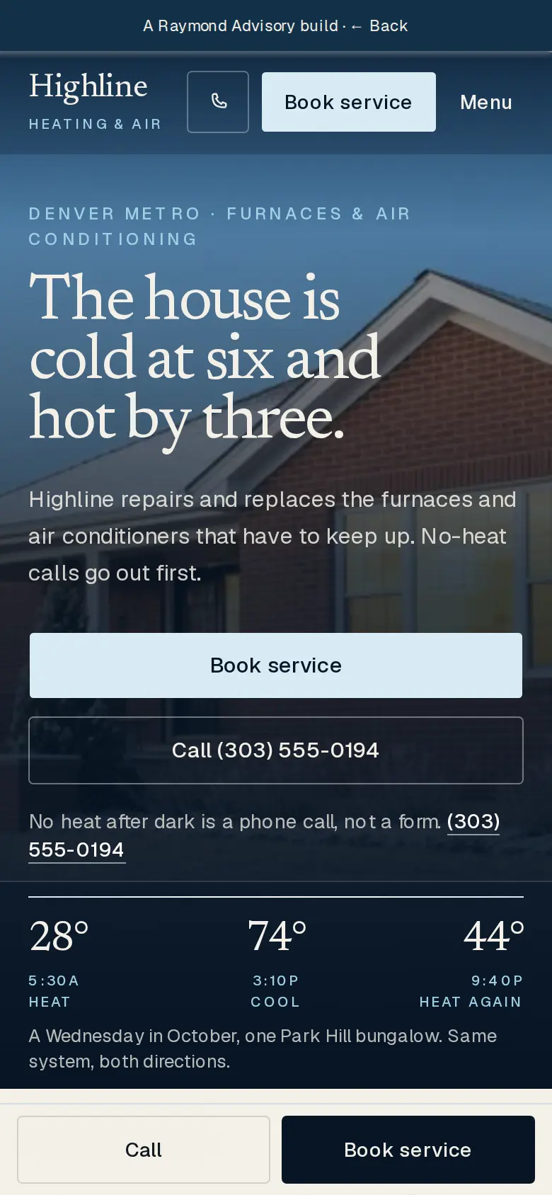 The same sample HVAC website on a phone, with the booking headline and a button to call.