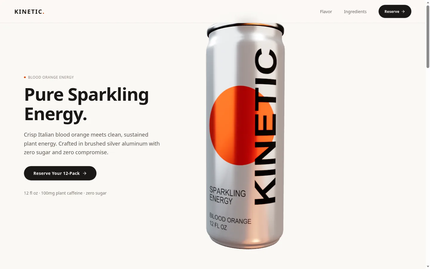 Kinetic landing page with a silver blood orange energy can, citrus, and a reserve link.