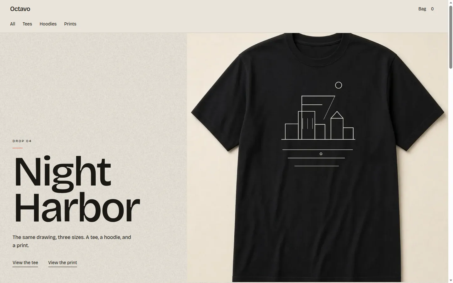 Octavo storefront showing the Night Harbor drop, a black tee, and links to the tee and print.